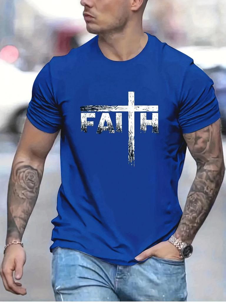 Men's Summer 3D Printed Men's T-shirt Faith Print Loose Large Casual Round Neck Short Sleeve T-shirt