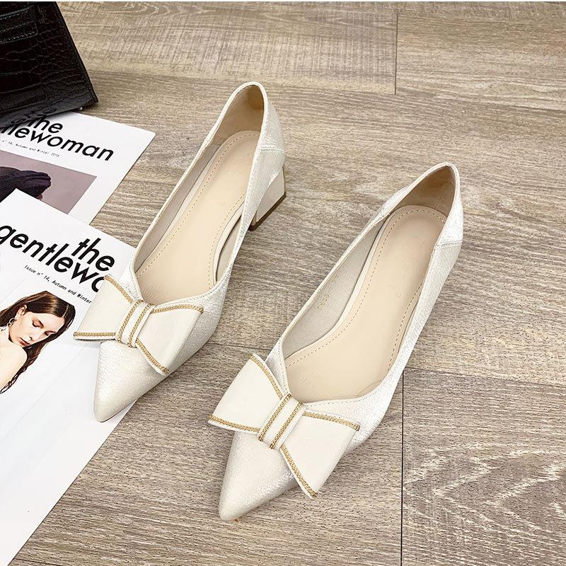 Single shoes women's thick heel mid-heel spring new women's shoes pointed head shallow mouth four-season shoes women's versatile bow high heels