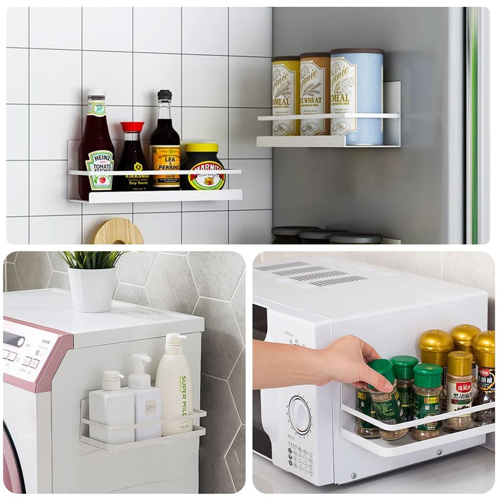 Magnetic Kitchen Rack, Bathroom Rack, Spice Rack, Shelf, Refrigerator Rack, Washing Machine Storage, Set of 2 with Hooks, White