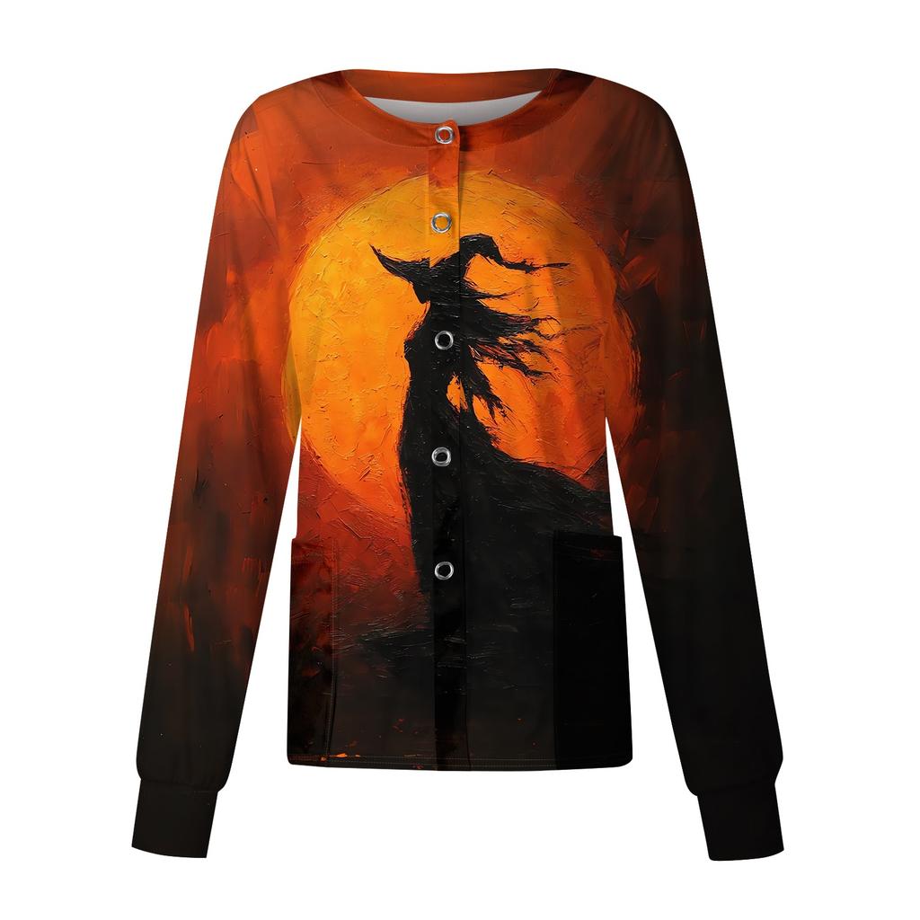 Women's Casual Long Sleeve Single Breasted Cardigan Halloween Print Medical Scrub Jacket Lightweight Button Up Top for Healthcare