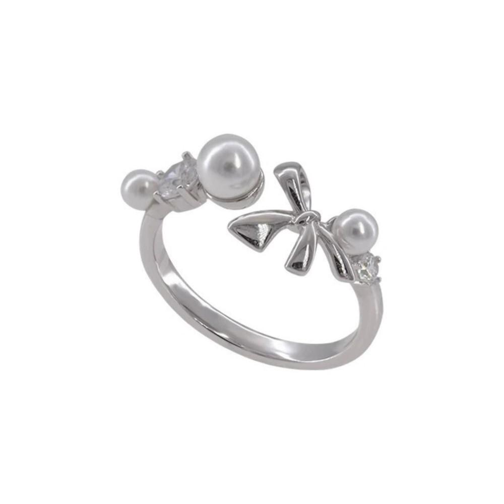 PANJBJ 925 Silver Pearl Bowknot Ring for Women Irregular Open Sweet Romantic Zircon Jewelry Birthday Gift Dropshipping
