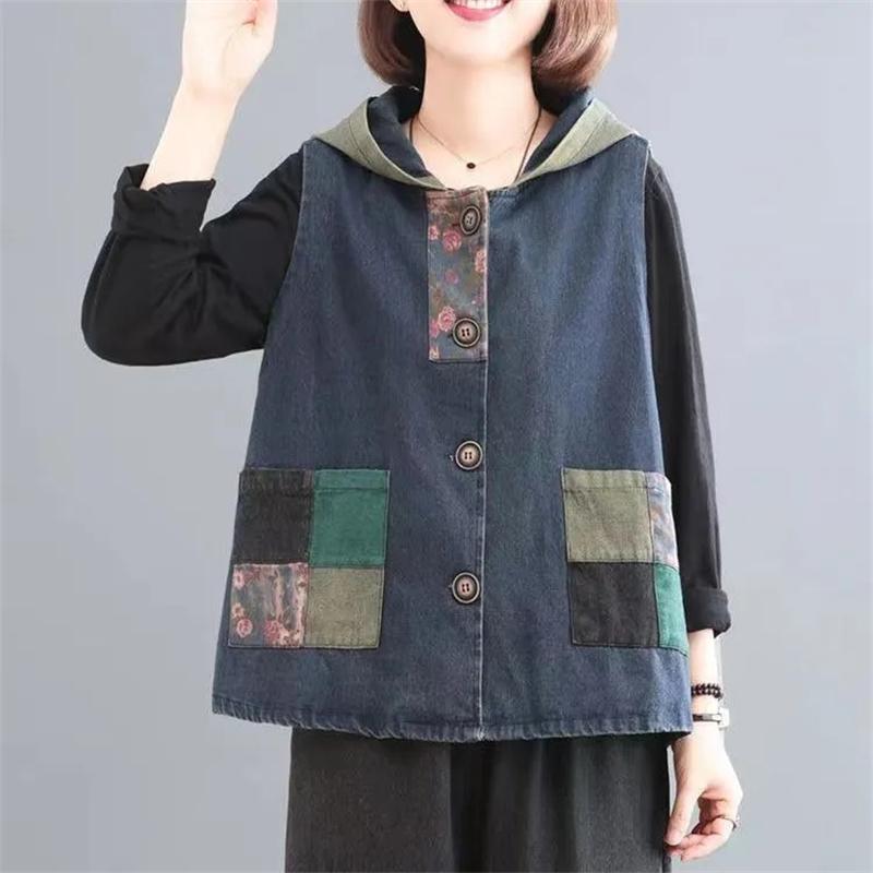 Women's Denim Vest Coat Spring Summer Suit Collar Retro Ladies Cowboy Vest Mid Length Version Loose Lady Horse Clip