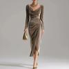 Womens Sexy Long Sleeve Slim Fit Pleated Maxi Dress Velvet Bodycon Split Party