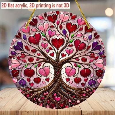 2D Flat Round Tree Acrylic Decoration Sign, Pink, Red, Purple Heart Leaves Design, Suitable for Wall Decoration, Porch, Room, Villa, Accents Home, Hal
