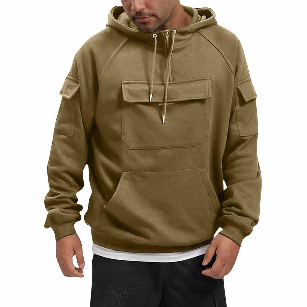 Men's Hooded Color Sweater, European And American Youth Sports Multi Pocket Patch Leather Sweater Jacket