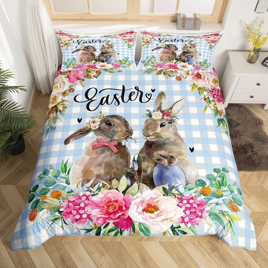 Pink Cherry Blossom Duvet Cover Happy Easter Theme Rabbit Ear Easter Eggs Bedding Set Polyester Butterfly Flower Comforter Cover