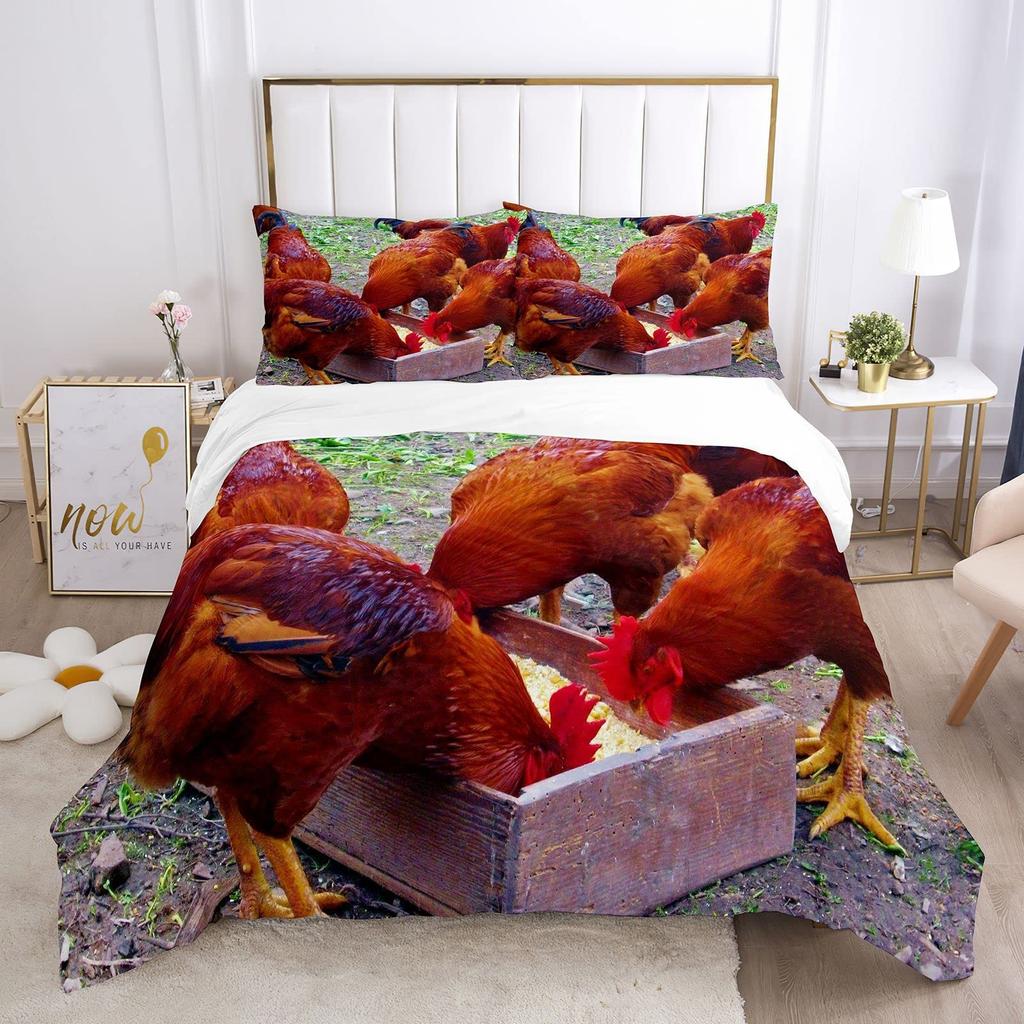 Chicken Duvet Cover Set Watercolor Rooster Bedding Set Animal Flower BedClothes Green Grass Polyester Comforter Cover King Size