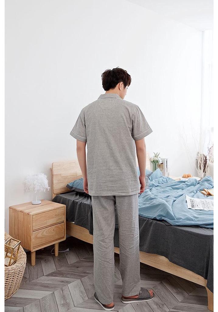 Summer Pure Cotton Minimalist Double Gauze Pajama Set: Short Sleeve Top & Long Pants, Seamless Design for Couples