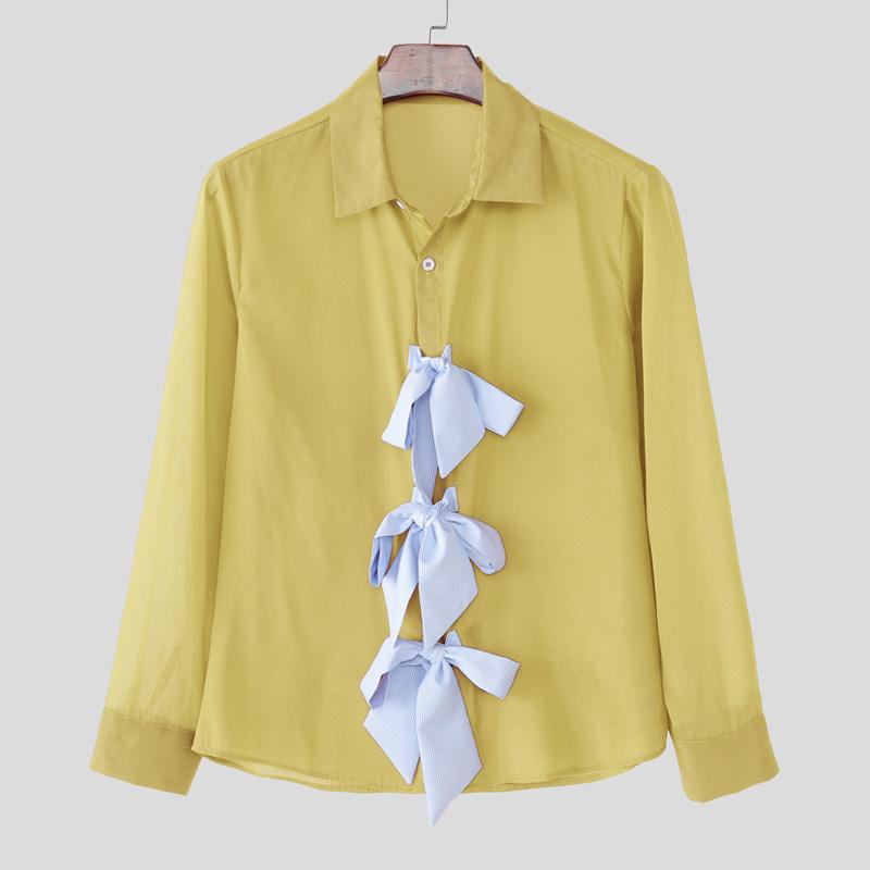 

INCERUN Men Lapel Long Sleeve Front Bow Knot Semi-Sheer Casual Loose Shirts XL