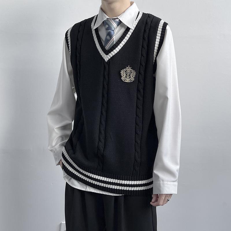 Gilet Maglione Originale Academy da Uomo con Scollo a V - Maglieria Autunno/Inverno in Caldo Stile Uniforme Scuro