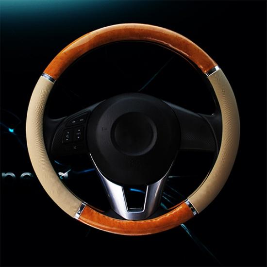 DERMAY Black Steering Wheel Cover with Wood Grain Design and Chrome Trim/PU Leather Car Steering Wheel Braid Diameter