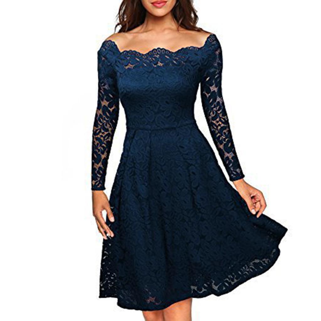 Women's  Casual Fasion Solid Color Strapless Hollow Out Long-sleeve Waist A-line Big Swing Lace With  Dress