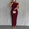 Women's Asymmetric Off Shoulder Short Sleeve Textured Ruched Side Bodycon Maxi Solid Casual Dress