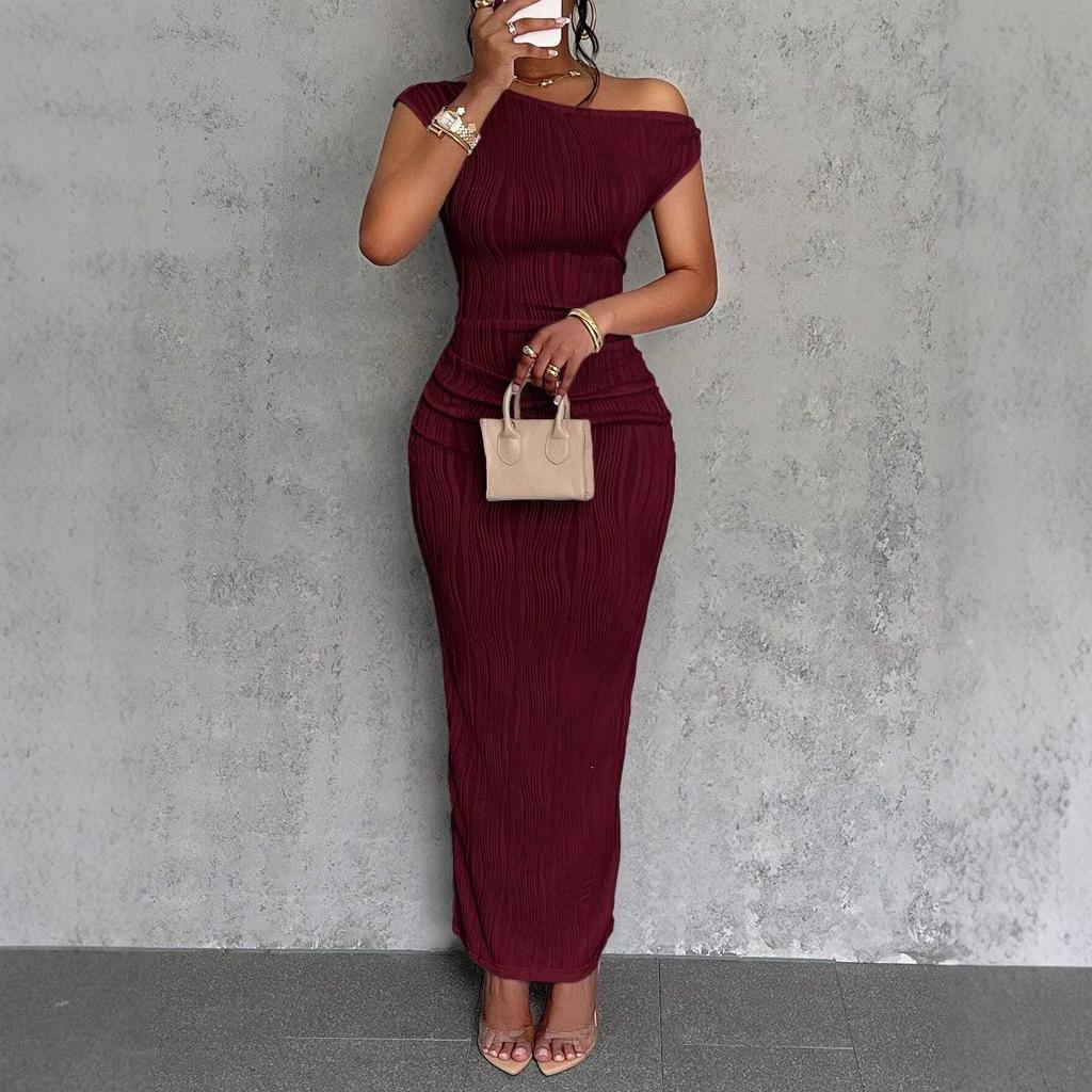 Women's Asymmetric Off Shoulder Short Sleeve Textured Ruched Side Bodycon Maxi Solid Casual Dress