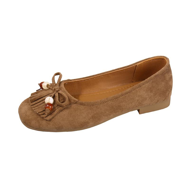 

Fashion Suede Round-toe Shallow-mouth Tassel Slip-on Soft-sole Anti-slip Wear-resistant Low-heel Single 40 хаки