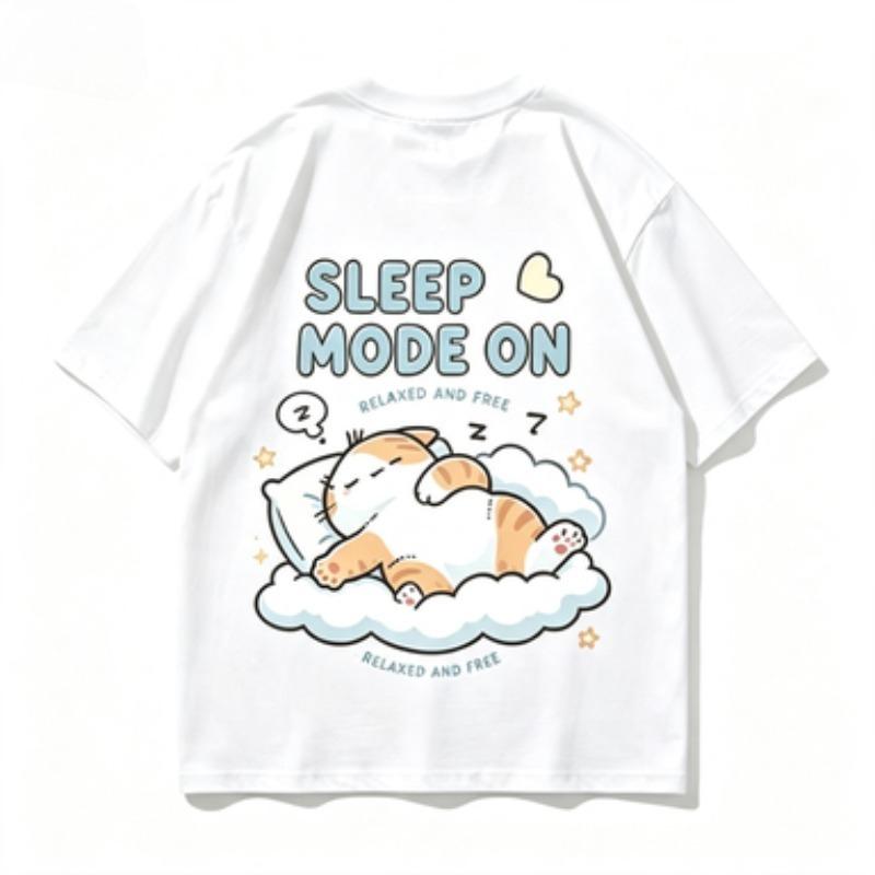 Sleep Mode On Graphic Tshirt Unisex Cute Sleeping Cat On Cloud Print Oneck Short Sleeve Loose Casual Summer Streetwear Tops