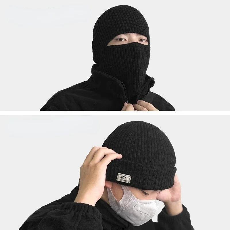2-in-1 Wintermaske Mützen Hüte Warme Gestrickte Sturmhauben Hüte Winddicht Einfarbig Vollgesichts Skihaube Taktische Radsport Ohrenschützer Mütze