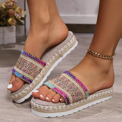 Damen Sandalen mit breiter Weite und böhmischer Plateau-Sohle - Mules mit Juteseilsohle für den Sommer, Ethno-Stil, lässige Pantoletten