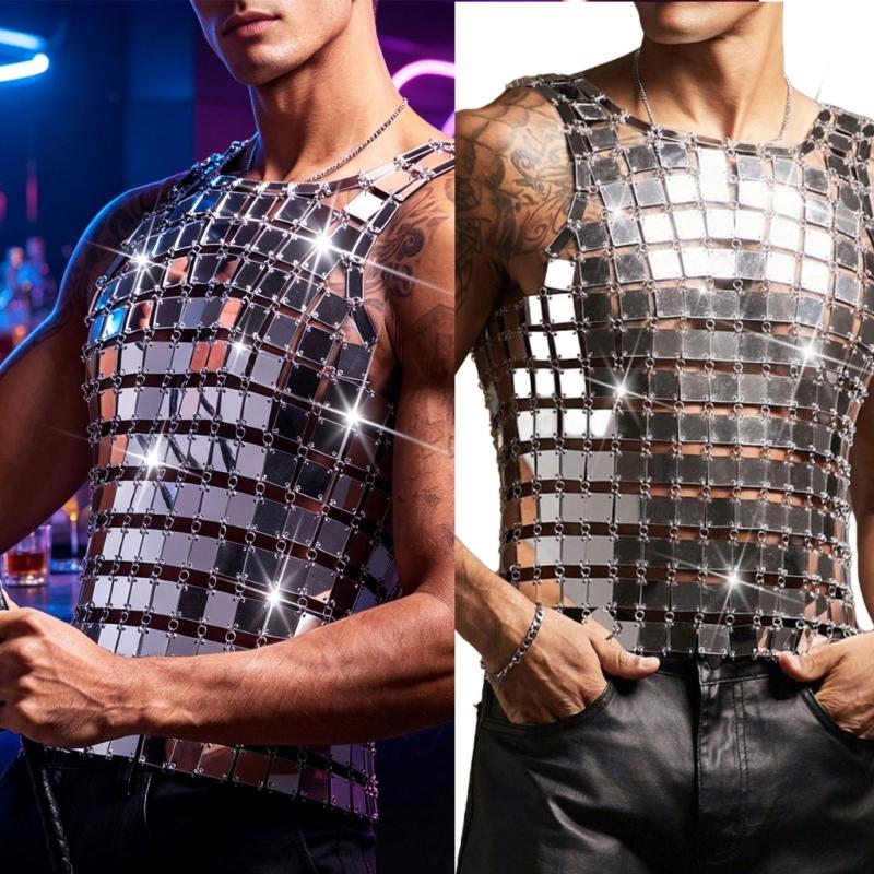 Metallic Mirror Tile Body Jewelry Top Open Grid Styling Accent for Festival Party Clubwear and Stage Styling Looks