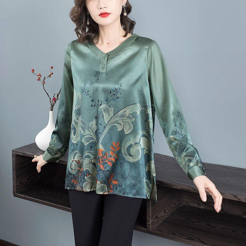 Retro Spring Women's Plus Size Silk Blouse Loose V-Neck Pullover Printed Soft Skin-Friendly Breathable Silk Blouse Top