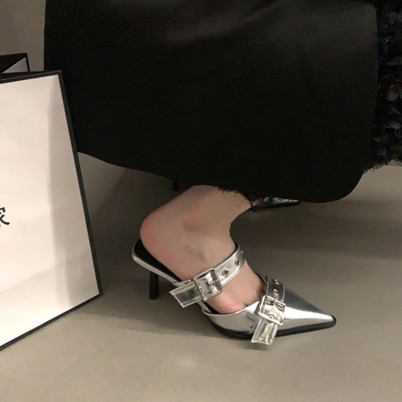 New Popular Punk Goth Metal Buckle High Heels Women's Sandals Summer Pointed Toe Silver Party Shoes Women's Pumps Shoes