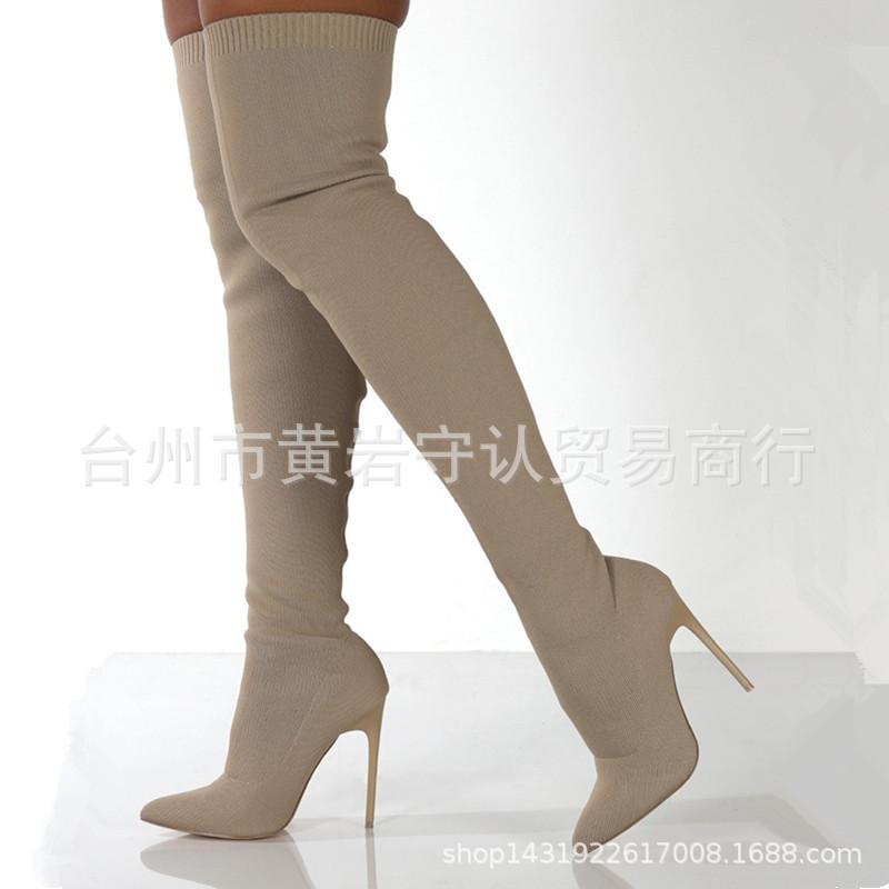 

Ботфорты большого размера с острым носком на тонком каблуке осенне-зимние эластичные ботинки ботинки-носки с длинным голенищем вязаные женские ботинки 43