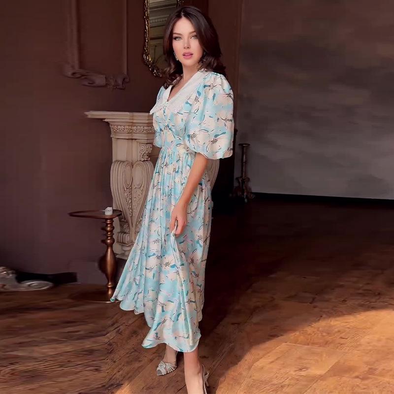 2024 Sommer Colorblock Puffärmel Revers Kleid - Europäische & Amerikanische Damenmode