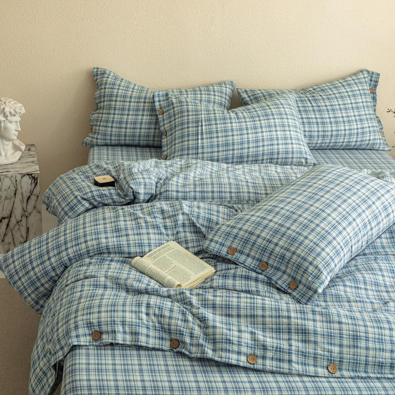 Double-Layer Plaid Bedding Set: All-Season Button-Down Stripe Duvet Cover, Student Dorm Bed Sheet, 3-Piece Set