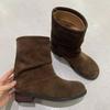 Sheepskin version~ retro niche matte suede round head thick heel western cowboy boots wide tube pants tube boots short boots women's boots