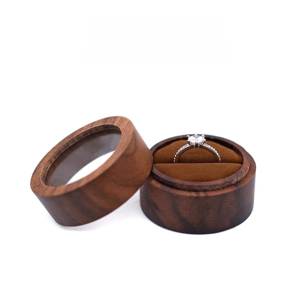 New Wooden Round Ring Box Transparent Cover Brown Engagement Ring Case Portable Ring Display Boxs Gifts