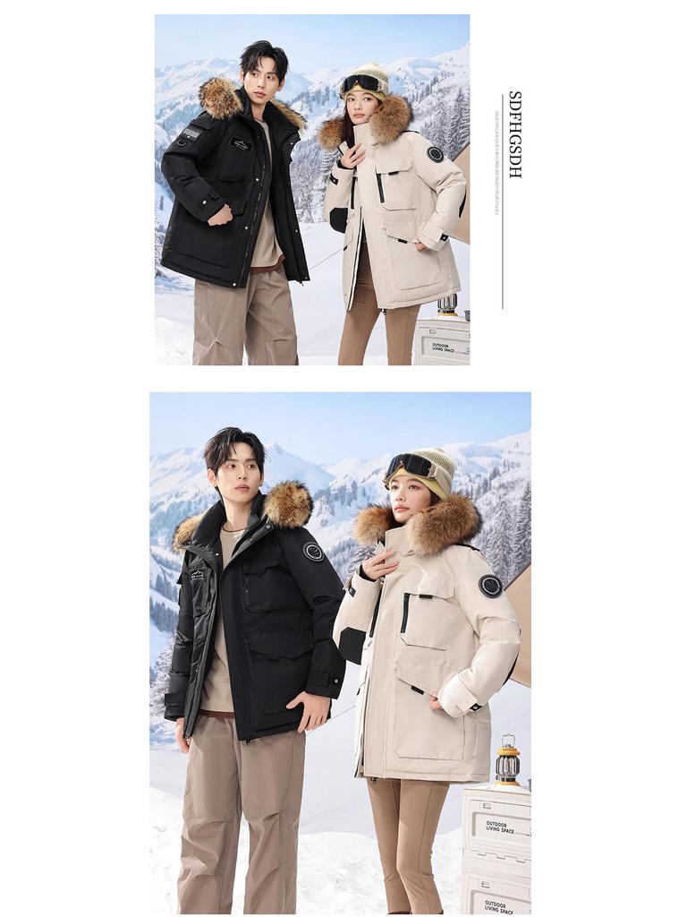 Northeast Extreme Cold -30° Mid-Length Down Jacket: Men's & Women's Outdoor Goose Down Coat with Big Fur Collar