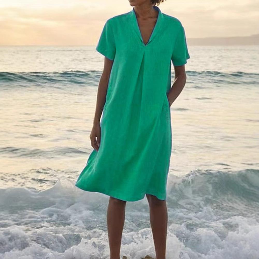 Damen Sommer Baumwoll Leinen Midi Kleid V-Ausschnitt Kurzarm Mit Taschen Lässig A-Linie Strand Sommerkleid