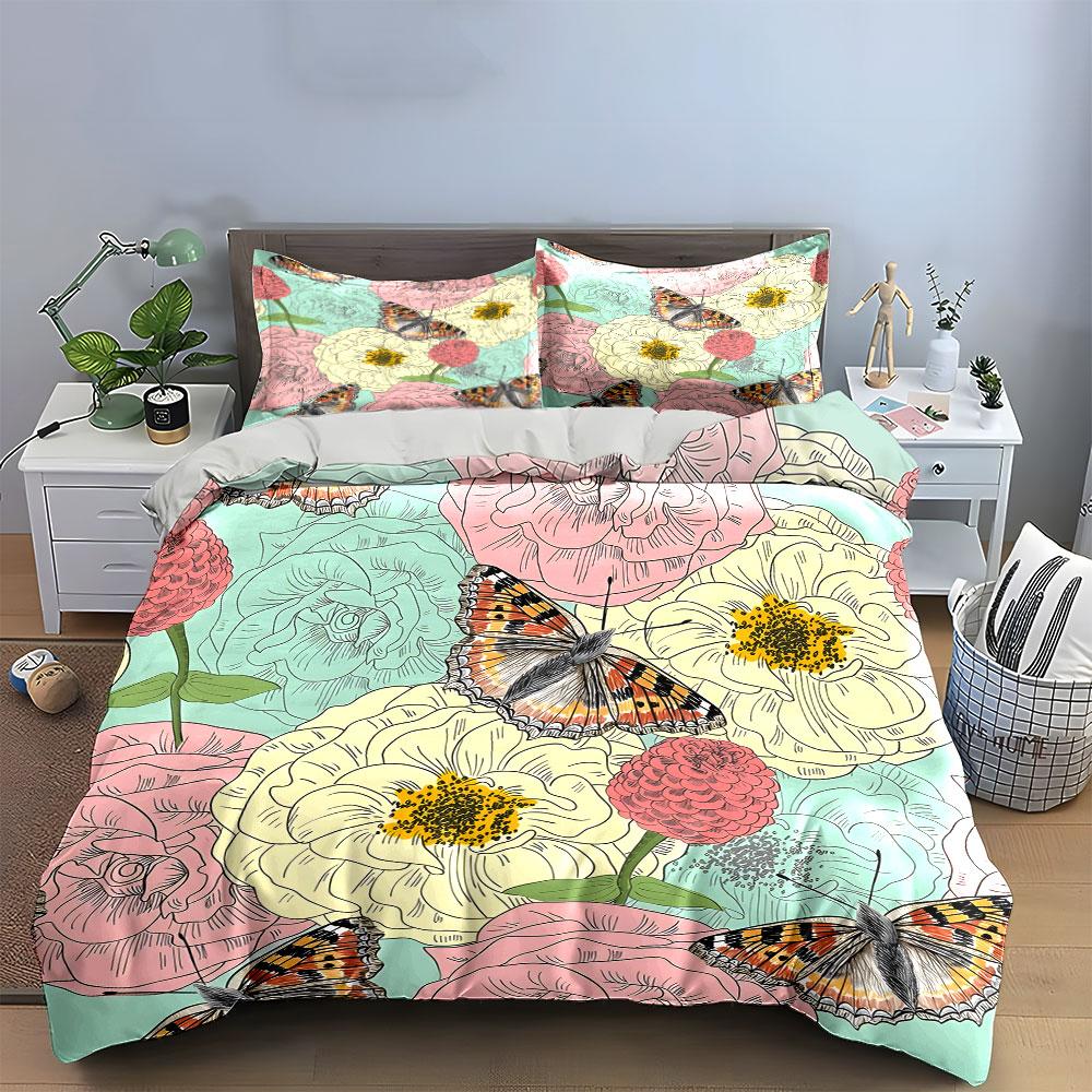 "Floral and Butterfly Decorative Set" kid's and adults' bedroom decor Exquisite three-piece bedding set gift