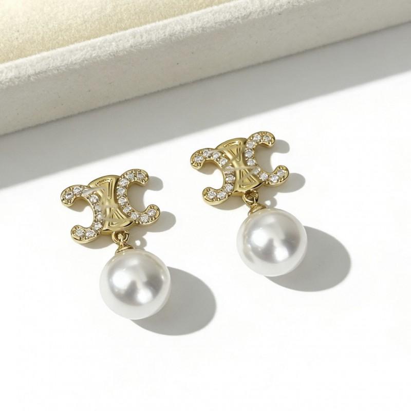 Brincos Minimalistas de Argola com Pérola e Cristal Dourado Banhado Geométricos Moda Joias