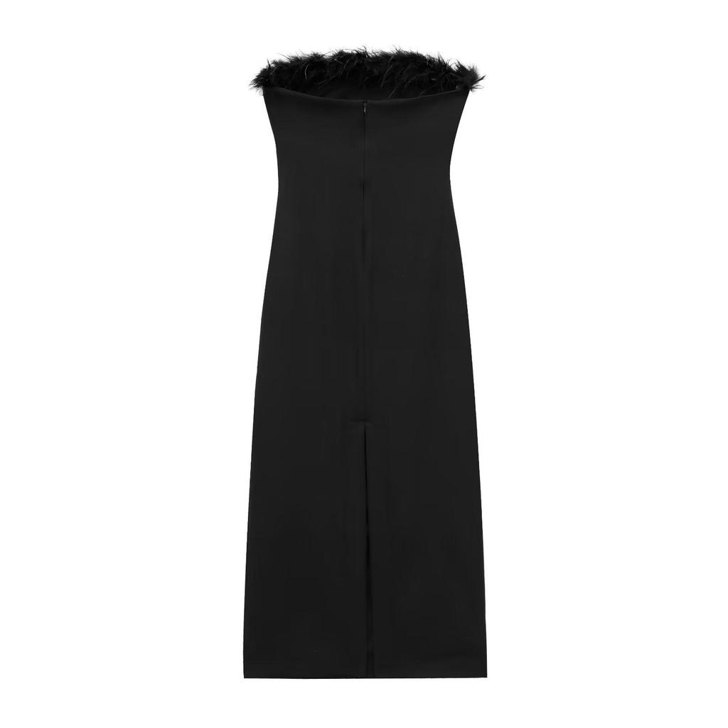 Spring 2025 Women's Feather-Trimmed One-Shoulder Ruched Strapless Dress