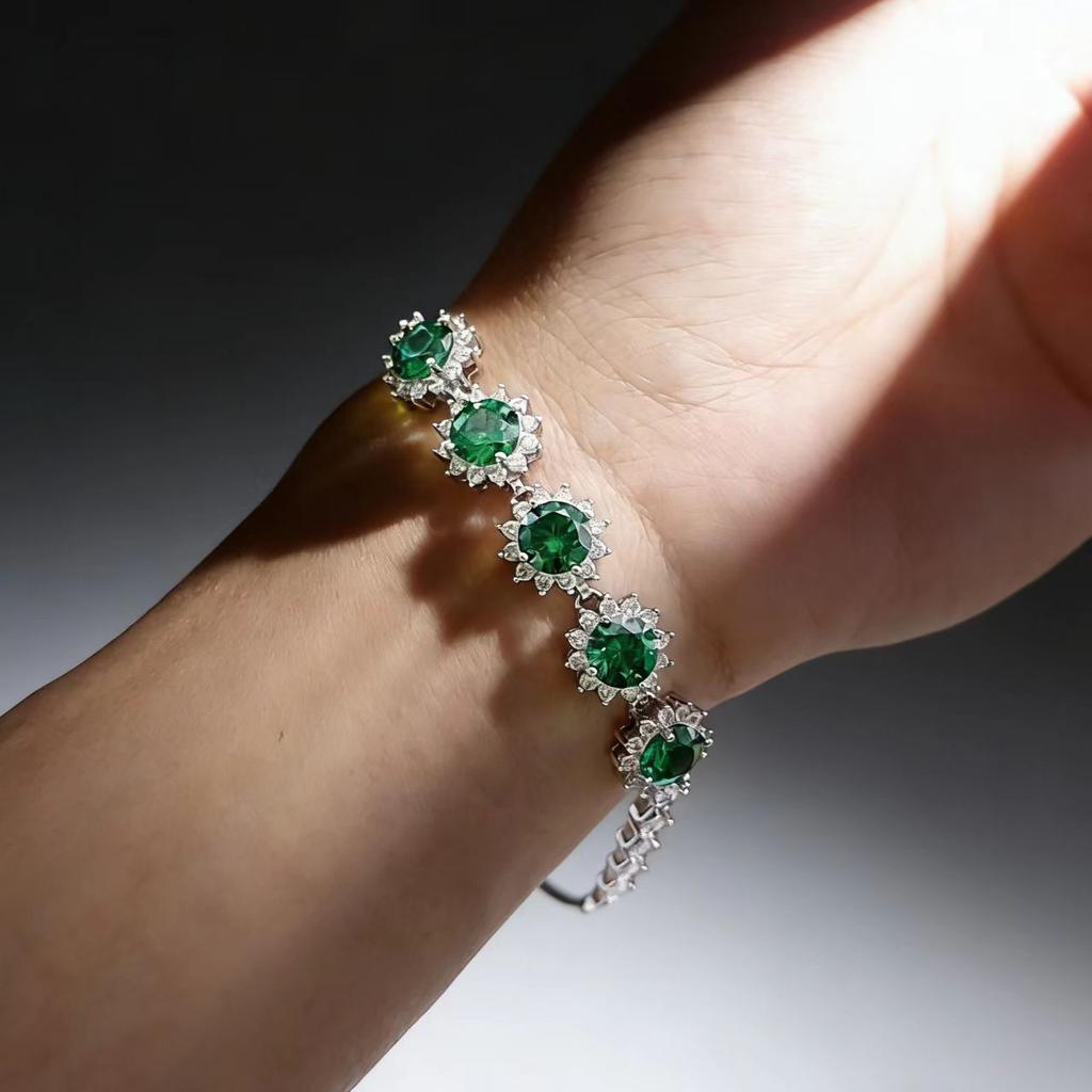 Stylish Full Diamond Sunflower Colored Treasure Bracelet Simulation Ruby Emerald Gemstone Bracelet High-End Design Jewelry