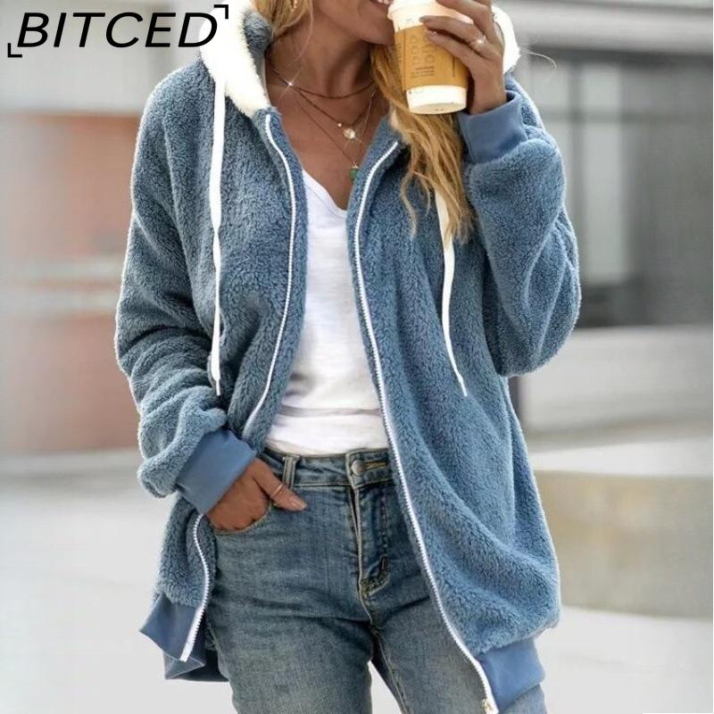 BITCED Damska Jesienno-Zimowa Oversizowa Kurtka z Kapturem Zapinana na Zamek, z Podszewką z Polaru