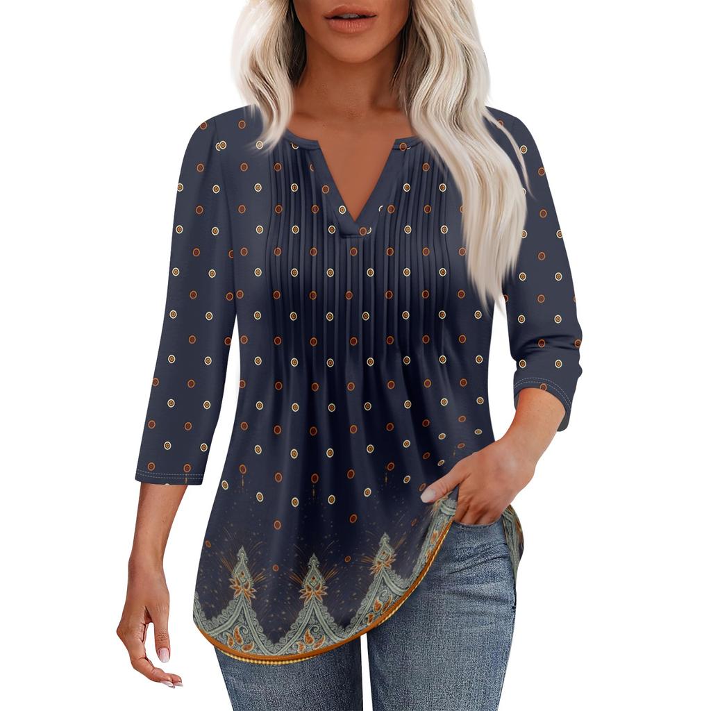 Modisches, lässiges T-Shirt mit plissiertem V-Ausschnitt und einfarbigen Siebenviertelärmeln für Damen