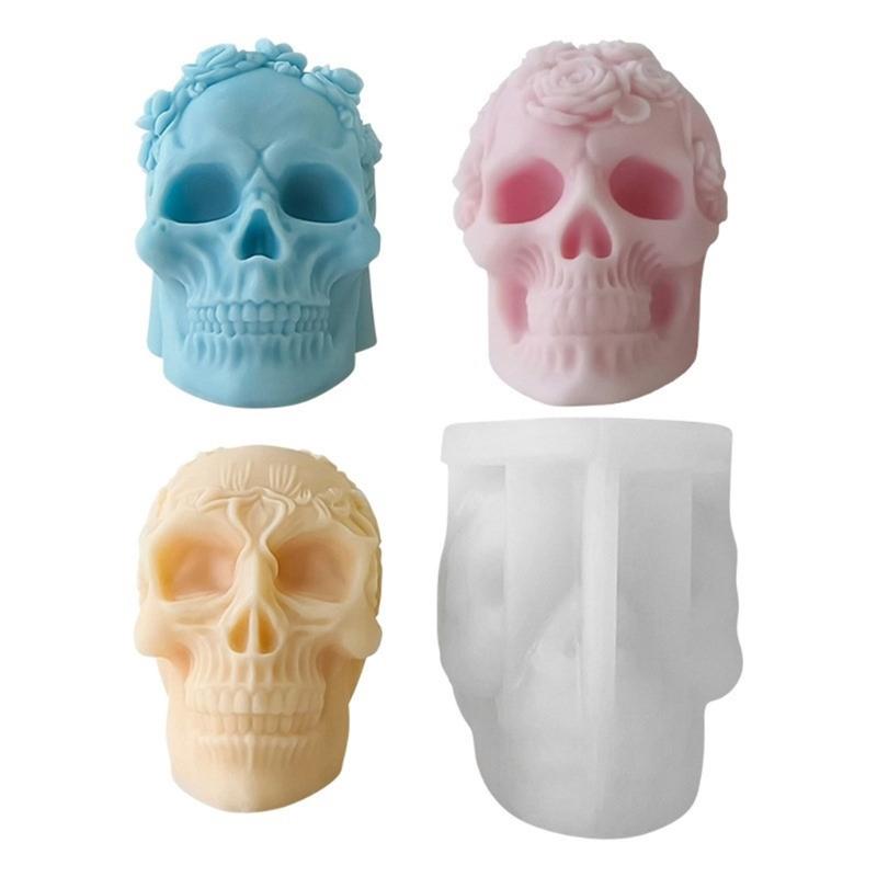 3D Skull Resin Molds Halloween Candle Mold Rose Skull Shaped Candle Making Mould Handmade Fondant Cake Aromatherapy Mold