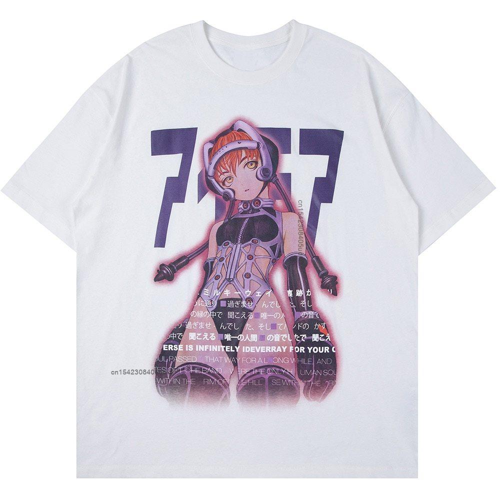 Aolamegs Unisexs Tee Shirts Sexy Unisexga Girls Kanji Print Anime Tee Shirts Summer Baggy College Style Tops Fashion Otaku Streetwear S