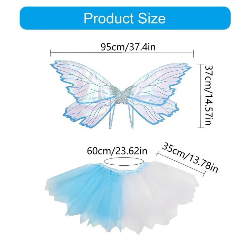 Multi-layer Fairies Wing Tulle Costume Set for Girls Halloween Cosplay Outfit with 3D Wing Costumes Accessory