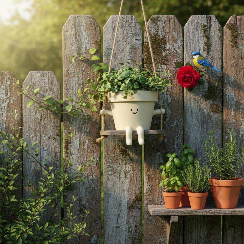 Decorative Swing Face Planter with Jute Ropes and Charming Character Pot for