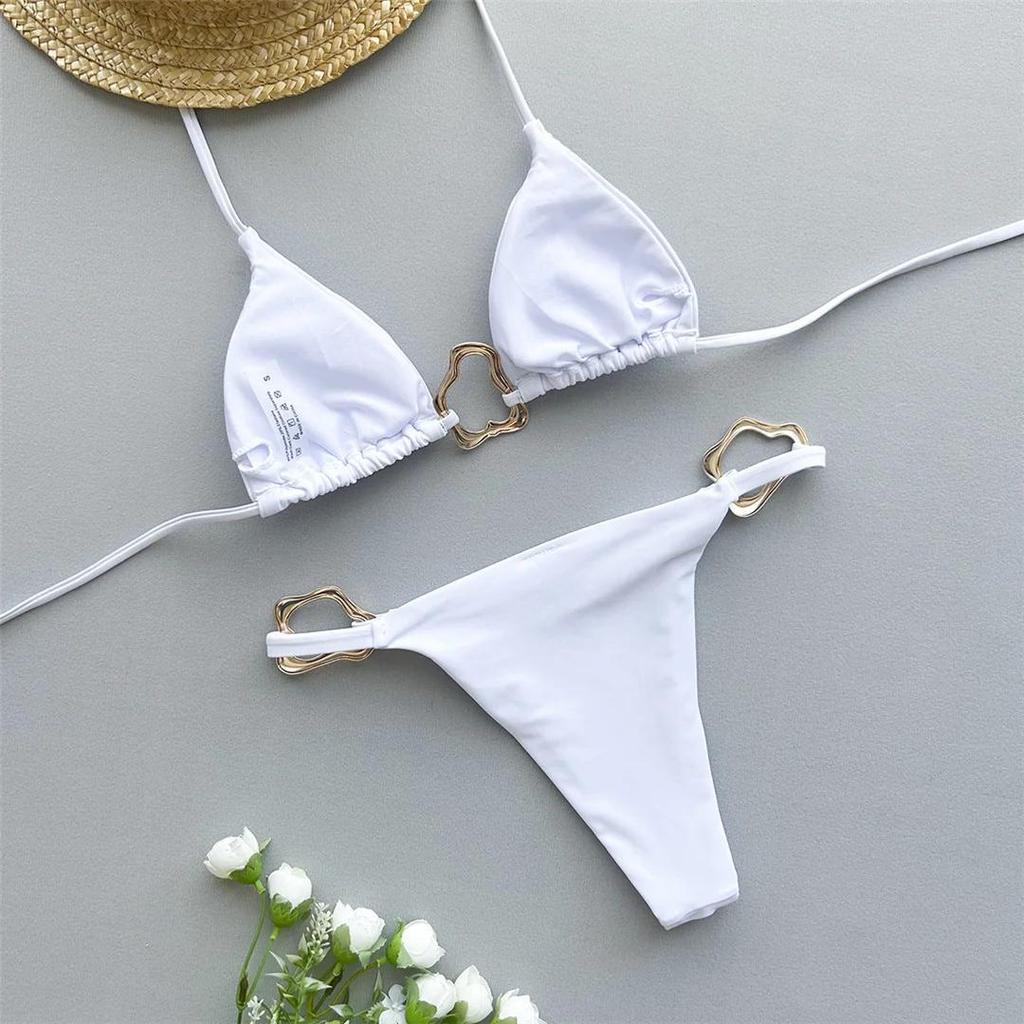 Seksowny Metalowe Pierścienie Halter Wysoki Wycięty Bok Bikini Damski Kostium Kąpielowy Kobiety Stroje Kąpielowe Dwuczęściowy Zestaw Bikini Kąpielówki Kostium Kąpielowy Pływać