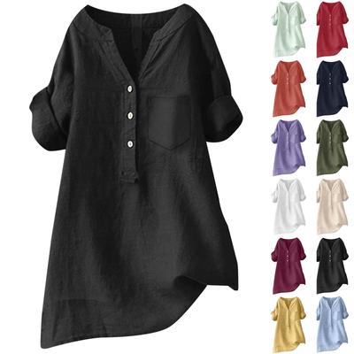 Women's Fashion Loose Solid Color Standing Collar Button Mid Sleeve Cotton Linen Shirt Top