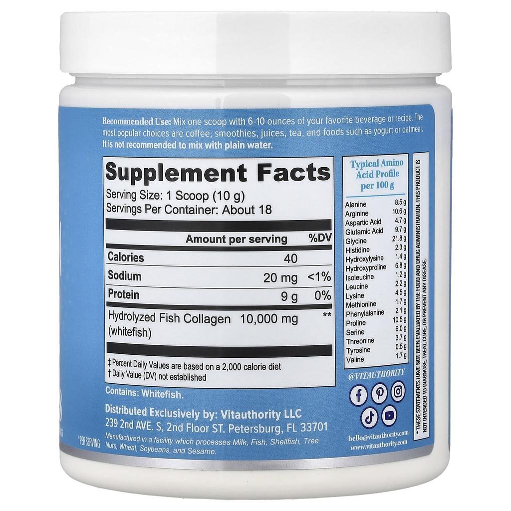 Vitauthority, Marine Collagen, Unflavored, 180g (6.35oz)