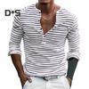 Fall Spring Men Top V Neck Striped Print Color Matching Long Sleeves Pullover Mid Length Casual Daily Wear Work Shirt