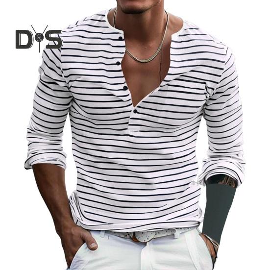 Fall Spring Men Top V Neck Striped Print Color Matching Long Sleeves Pullover Mid Length Casual Daily Wear Work Shirt