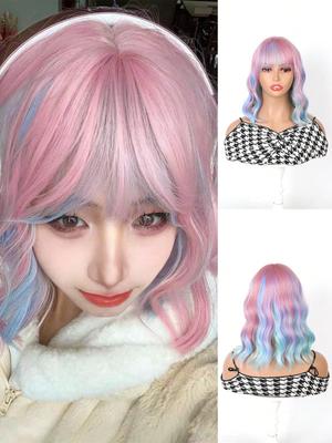 16 Inch Medium Long Rainbow Color Water Wave Wig With Bangs For Girls Heat Resistant Synthetic Fiber Wigs For Music Festival Parties Christmas Gifts