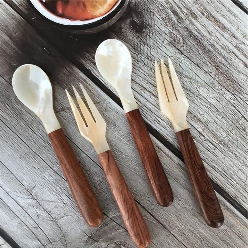 Natural Shell Resin Spoon Fork Reusable Washable Tableware for Coffee Dessert Mixing Kitchen Daily Use