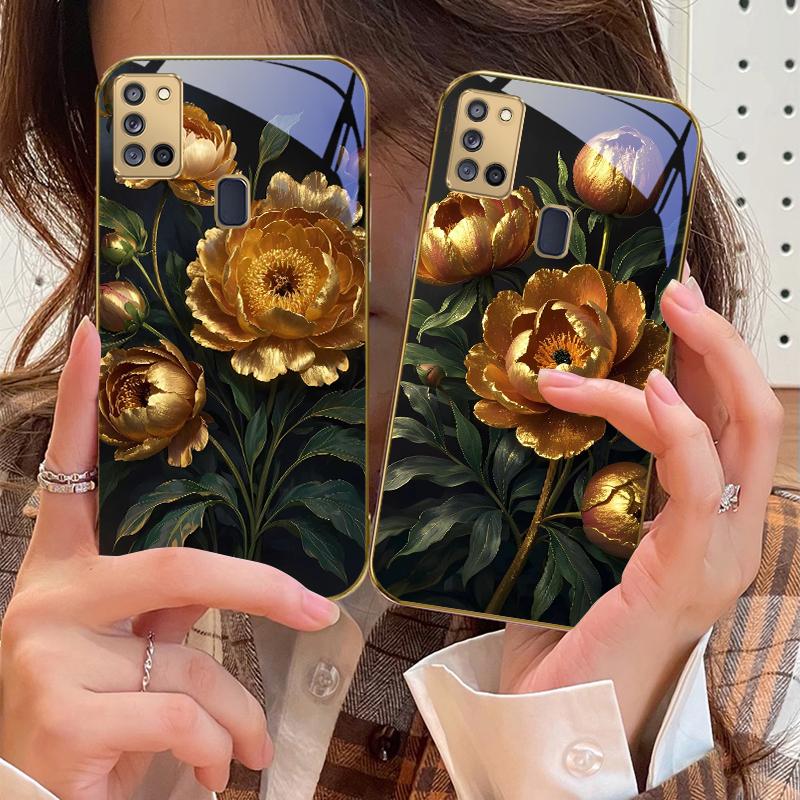 Prosperous Golden Peony For Samsung A 31 32 A33 A34 35 14 A15 13 16 25 26 50 52 53 54 55 56 70 71 72 73 Golden glass phone case